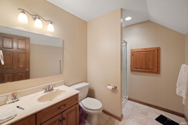 4277 S 100 W, Williamsport, IN 47993 - full bath featuring baseboards, a shower with shower door, toilet, vanity, and lofted ceiling