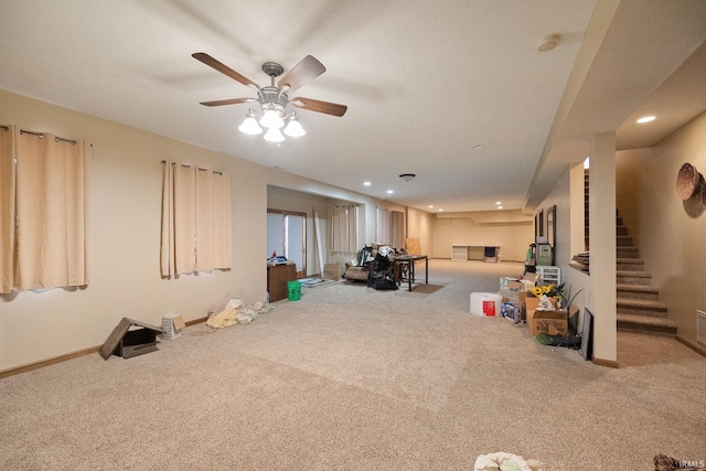 4277 S 100 W, Williamsport, IN 47993 - interior space featuring stairway, recessed lighting, baseboards, ceiling fan, and carpet