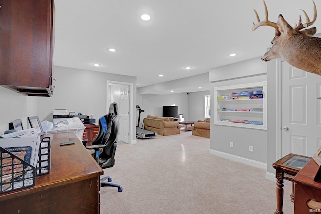 office space featuring baseboards, recessed lighting, and carpet