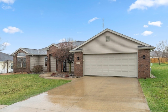 ranch-style home with a front yard, brick siding, concrete driveway, and a garage