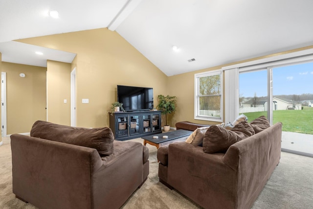 living room with vaulted ceiling with beams, visible vents, and light carpet