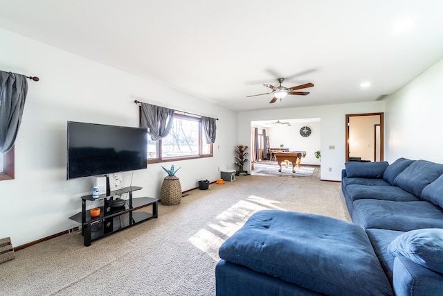 2680 S 390 W, Pleasant Lake, IN 46779 - living area featuring carpet floors, pool table, baseboards, visible vents, and ceiling fan