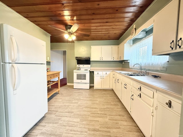 603 N Maple St, Converse, IN 46919 - kitchen featuring white cabinetry, light countertops, white appliances, wooden ceiling, and a sink