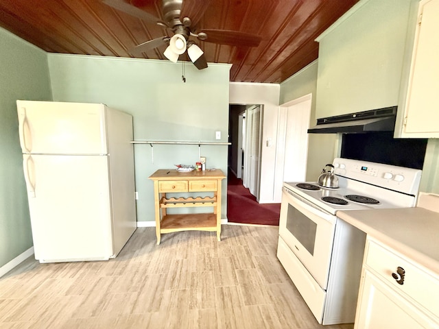 603 N Maple St, Converse, IN 46919 - kitchen featuring light countertops, white appliances, ceiling fan, under cabinet range hood, and wooden ceiling
