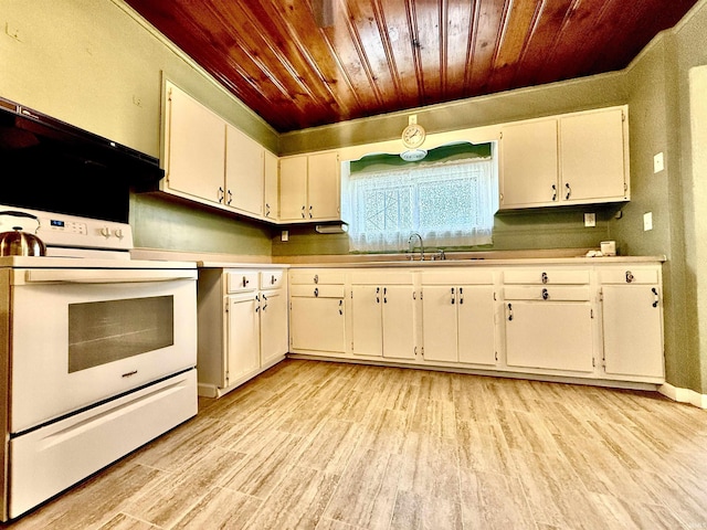 603 N Maple St, Converse, IN 46919 - kitchen with white cabinets, light wood finished floors, a sink, white range with electric stovetop, and wooden ceiling
