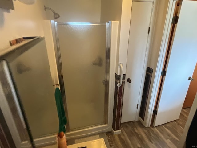 7976 W State Road 54, Switz City, IN 47465 - bathroom featuring a shower stall and wood finished floors