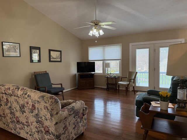 119 Leatherwood Creek Ests, Bedford, IN 47421 - living room featuring wood finished floors, ceiling fan, lofted ceiling, and plenty of natural light