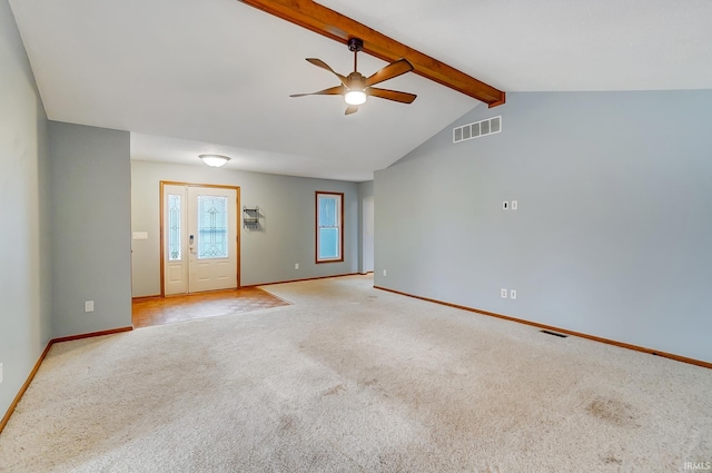 unfurnished room with vaulted ceiling with beams, visible vents, a ceiling fan, and light carpet
