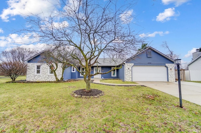 single story home with driveway, stone siding, an attached garage, a front yard, and fence