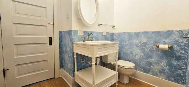126 E 4th St, Mount Carmel, IL 62863 - half bathroom featuring toilet, a wainscoted wall, vanity, and wood finished floors