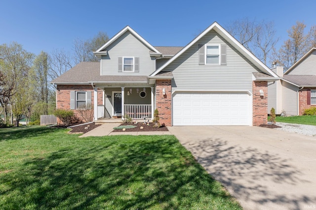 traditional home featuring covered porch, a garage, driveway, and brick siding