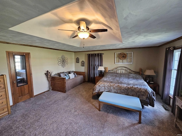 501 Monticello Dr, Vincennes, IN 47591 - carpeted bedroom with a raised ceiling, crown molding, and a ceiling fan