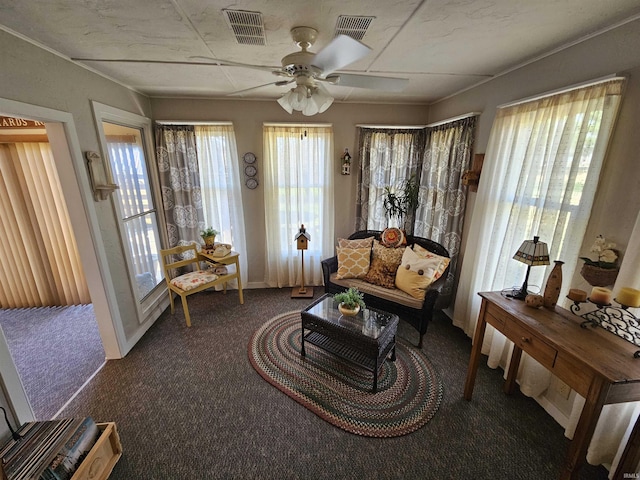 501 Monticello Dr, Vincennes, IN 47591 - living area with visible vents, ceiling fan, and carpet flooring