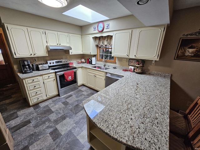 501 Monticello Dr, Vincennes, IN 47591 - kitchen featuring a peninsula, a skylight, appliances with stainless steel finishes, under cabinet range hood, and a sink