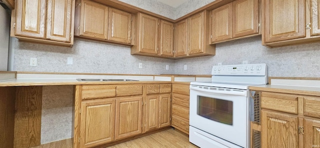 402 Easy St, Mount Carmel, IL 62863 - kitchen featuring light wood-type flooring, white electric range, and light countertops