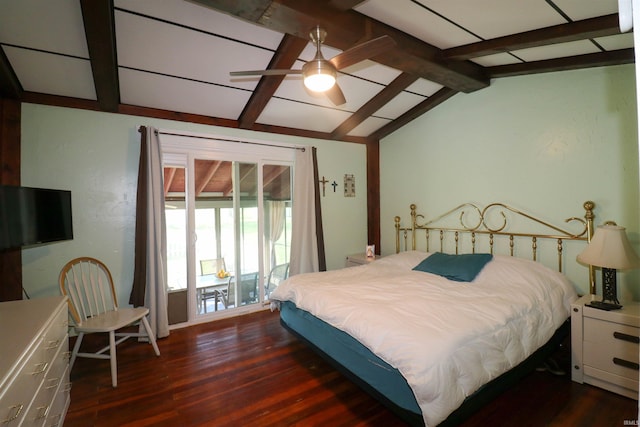 bedroom with a ceiling fan, access to outside, lofted ceiling with beams, and dark wood-style floors