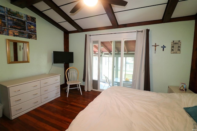 bedroom with dark wood-style flooring, access to outside, a ceiling fan, and lofted ceiling with beams