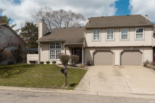 526 Cambridge Dr, Kokomo, IN 46902 - view of front facade with a front yard, a shingled roof, a garage, a chimney, and driveway