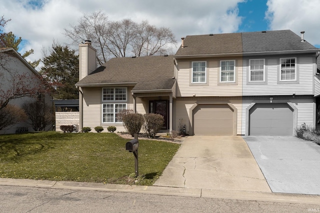 526 Cambridge Dr, Kokomo, IN 46902 - view of front facade featuring a garage, a front lawn, a chimney, a shingled roof, and concrete driveway