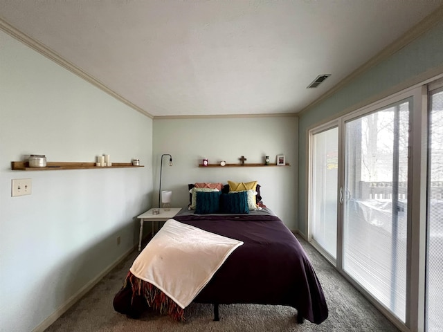 bedroom with access to outside, carpet flooring, crown molding, and visible vents