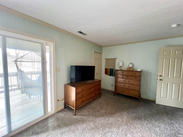 bedroom with ornamental molding, access to exterior, carpet, and visible vents