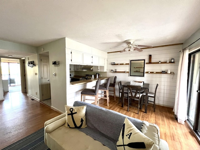 living room with ceiling fan, a textured ceiling, baseboards, and wood finished floors