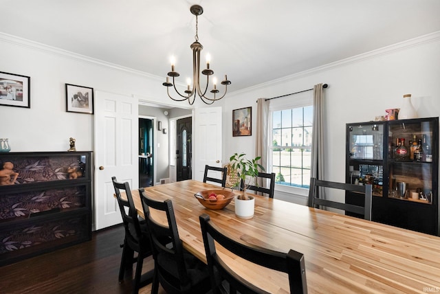 4707 Old Mill Rd, Fort Wayne, IN 46807 - dining room featuring dark wood-type flooring, beverage cooler, an inviting chandelier, and crown molding