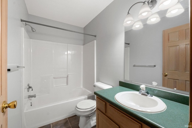 full bathroom with toilet, tile patterned floors, shower / washtub combination, and vanity