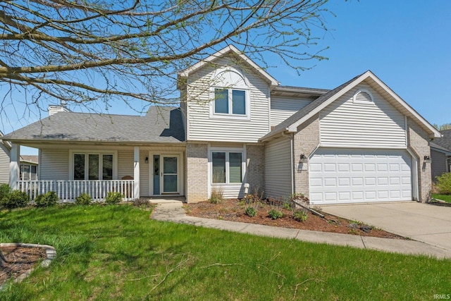 traditional home with a front yard, covered porch, brick siding, concrete driveway, and an attached garage
