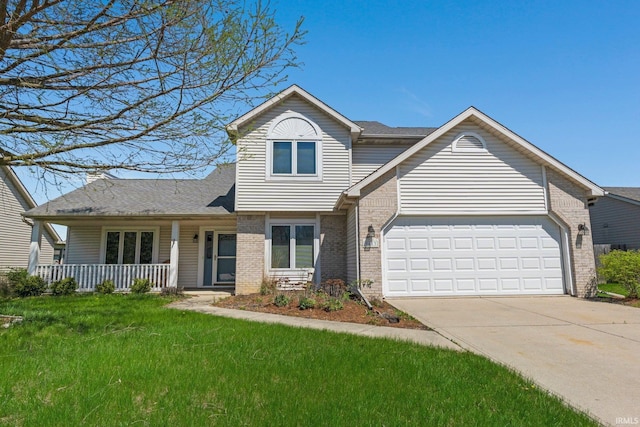traditional-style house featuring a porch, a front yard, a garage, brick siding, and concrete driveway