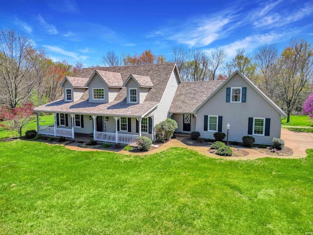 view of front of property featuring roof with shingles, a porch, and a front lawn