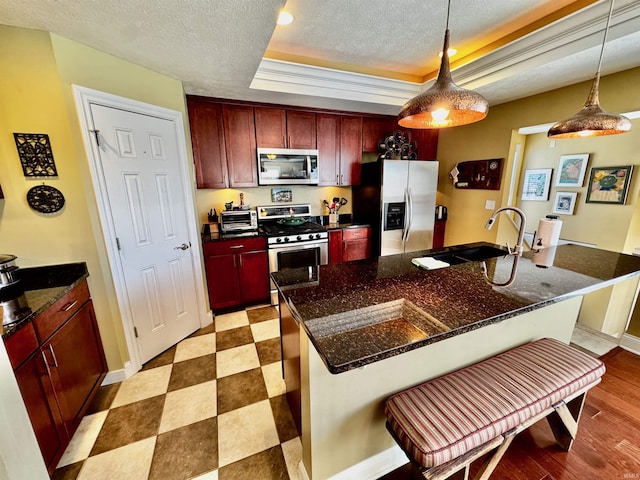 kitchen featuring a tray ceiling, dark brown cabinets, stainless steel appliances, and a textured ceiling