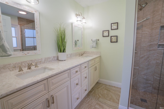 5793 E Pierce Rd, Monticello, IN 47960 - full bathroom featuring tiled shower, marble finish floor, a sink, double vanity, and baseboards