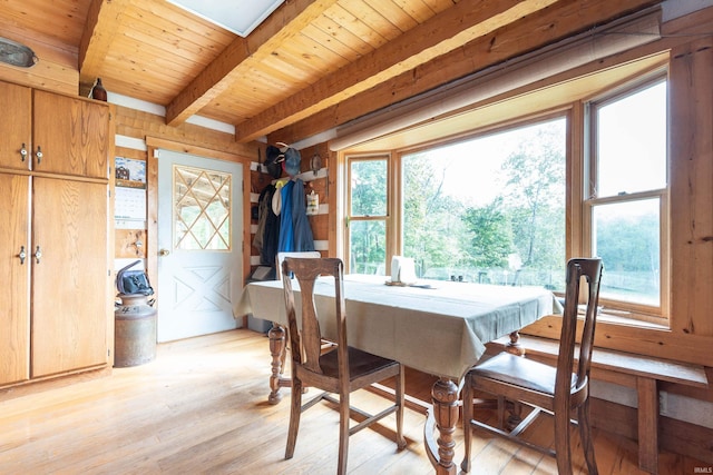 dining area with wood ceiling, beam ceiling, and light wood-style floors