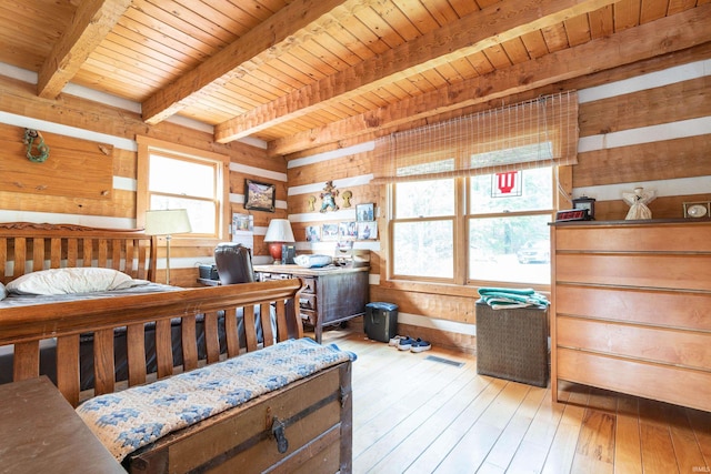 bedroom featuring wood-type flooring, wood walls, beam ceiling, and wood ceiling