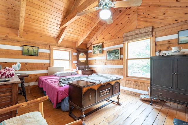 bedroom featuring wood ceiling, wood walls, lofted ceiling with beams, and light wood-type flooring