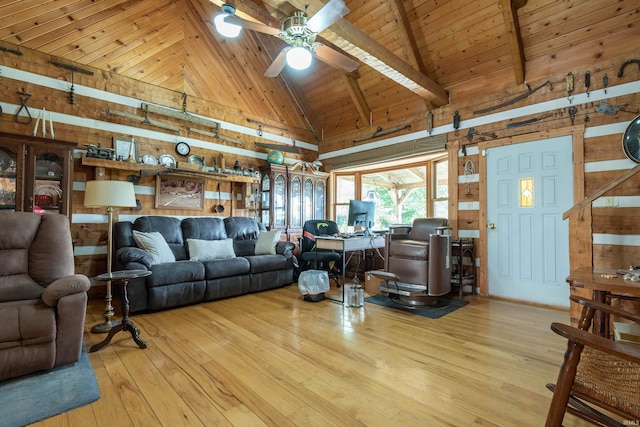living area with high vaulted ceiling, wood ceiling, wooden walls, wood-type flooring, and beam ceiling