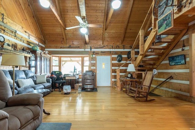 living room with a ceiling fan, wooden ceiling, wood walls, light wood finished floors, and beam ceiling
