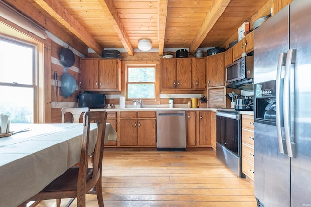 kitchen featuring light wood-style flooring, light countertops, beam ceiling, stainless steel appliances, and wood ceiling