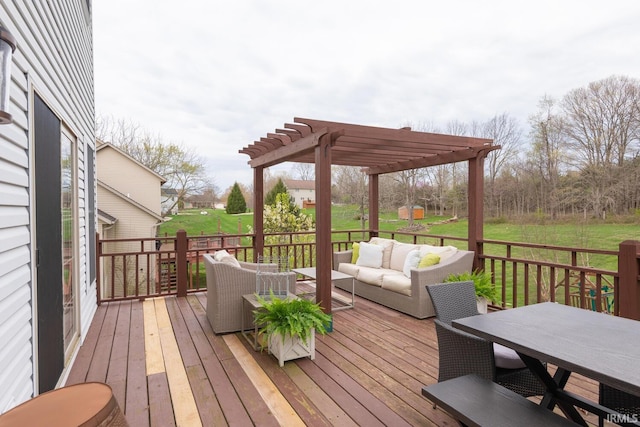 deck featuring an outdoor living space, outdoor dining area, and a pergola