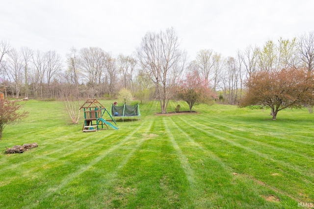 view of yard with a trampoline and playground community