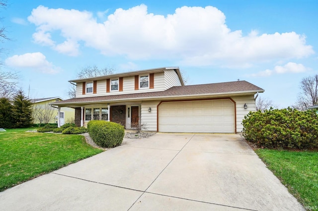 traditional home featuring a garage, a front yard, and driveway