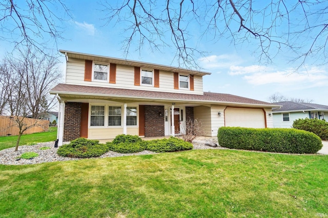 traditional home featuring a front yard, brick siding, fence, and an attached garage