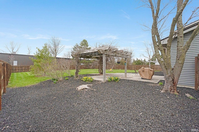 view of yard featuring a pergola, a patio, and a fenced backyard