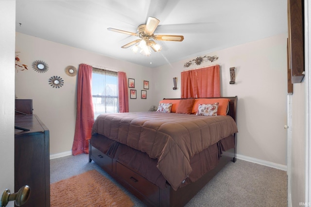bedroom featuring carpet, baseboards, and ceiling fan