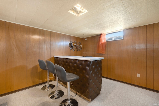 bar with a bar, light colored carpet, and wooden walls
