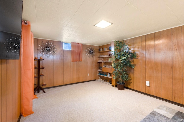 living area featuring wood walls, baseboards, and carpet floors