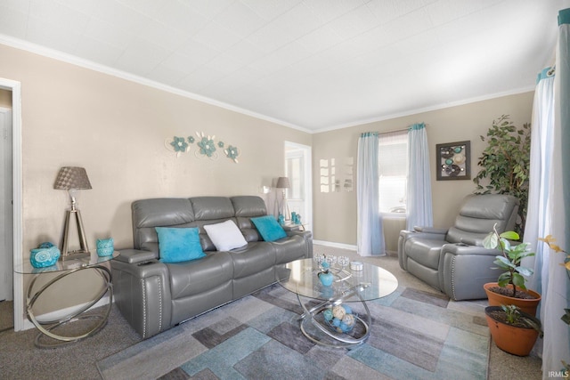 carpeted living area featuring baseboards and ornamental molding