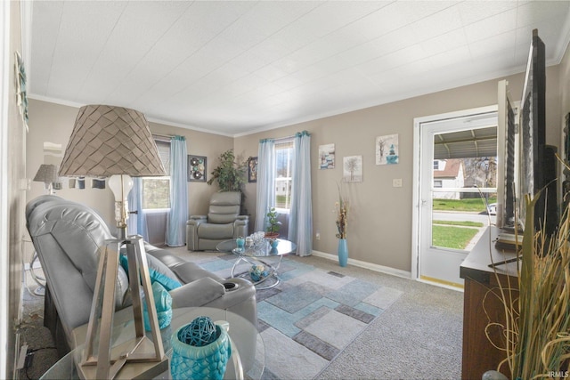 living area with ornamental molding and carpet floors