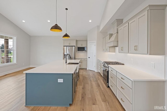 kitchen with a sink, premium range hood, light wood-style floors, vaulted ceiling, and stainless steel appliances